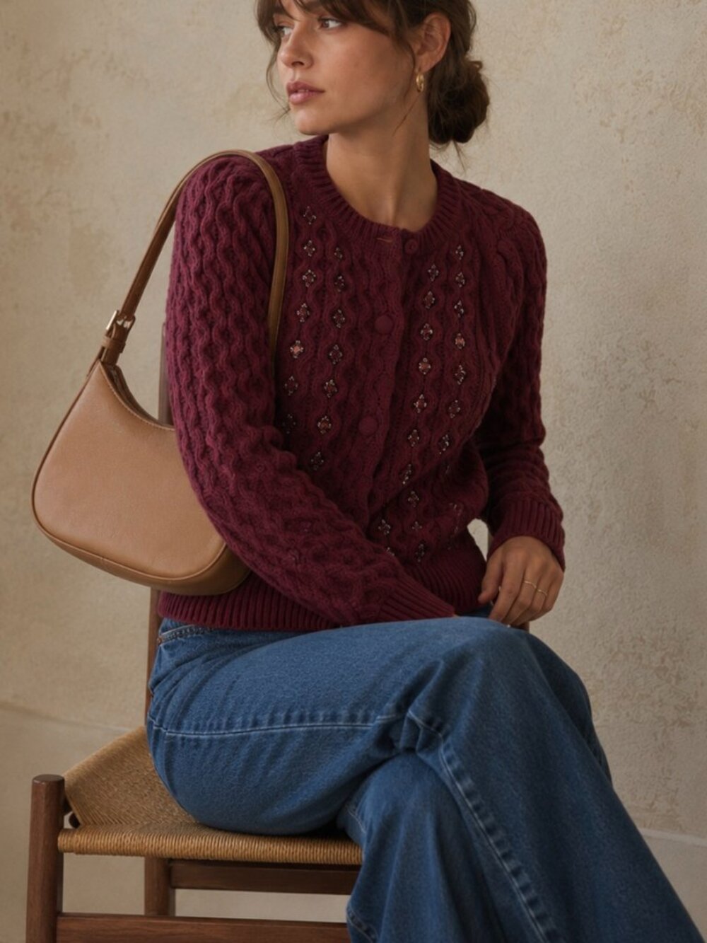 Caroline Constas Jeweled cable/chunky knit sweater/cardigan Sz M Puff sleeves